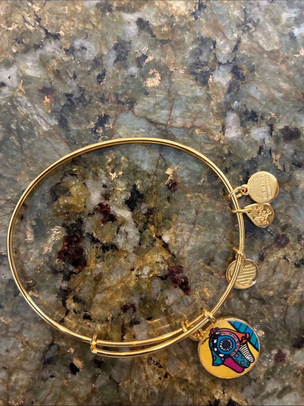 Alex and Ani Gold Tone Bangle with Yellow and Multicolor Enamel Hamsa Charm